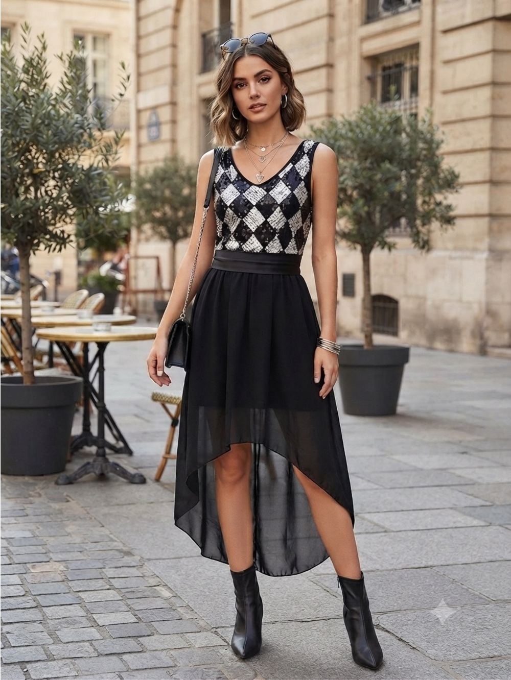 Mlle Gabrielle Black Maxi Dress with Silver Sequin Bodice